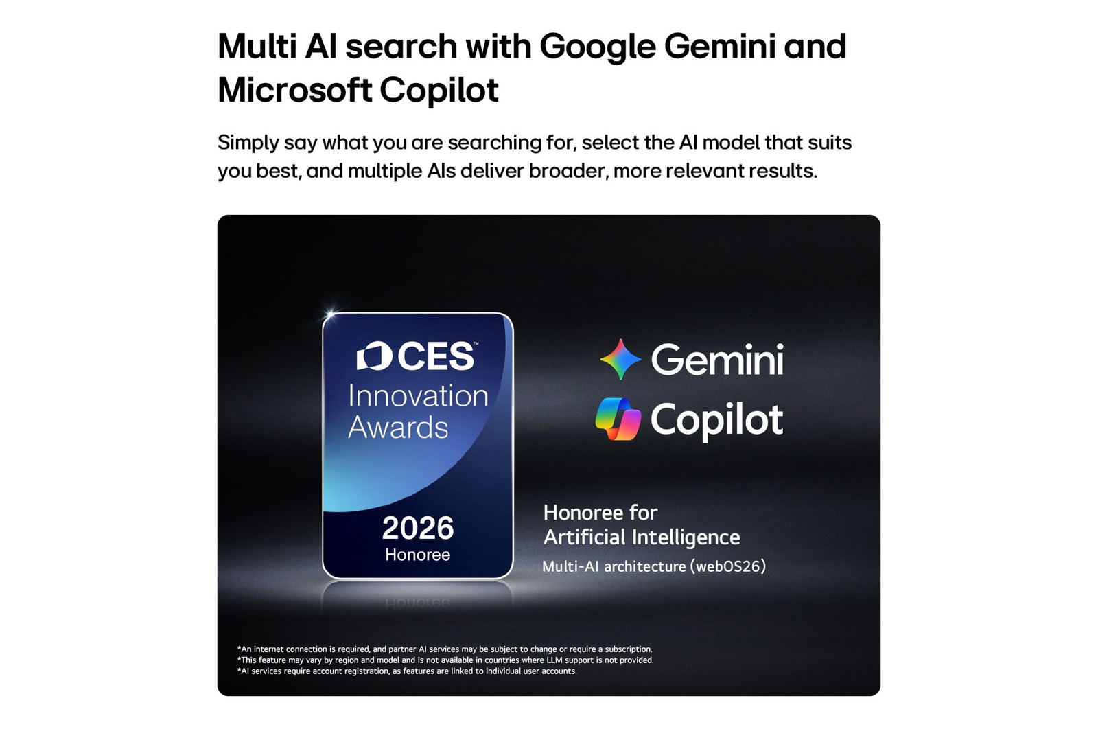 Le badge lauréat des CES Innovation Awards 2026 dans la catégorie Intelligence artificielle reconnaît la recherche Multi-AI avec Google Gemini et Microsoft Copilot.