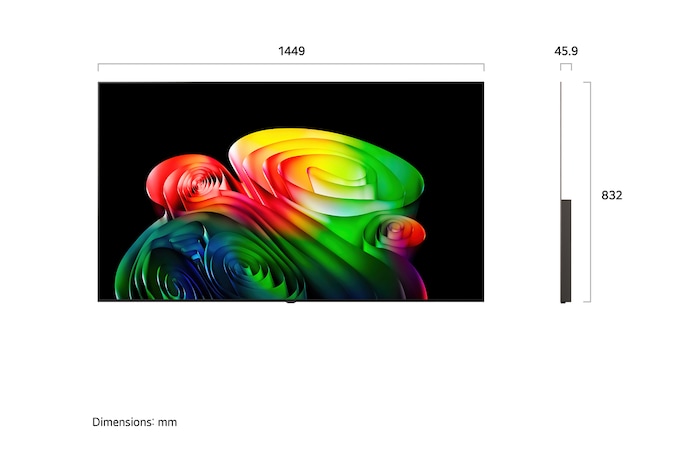 La LG OLED AI B6 présentée en vue avant et latérale met en valeur un écran de 65 pouces avec un écran de 1 449 mm de large, une hauteur globale de 832 mm et une profondeur ultra-fine de 45,9 mm sans pied.