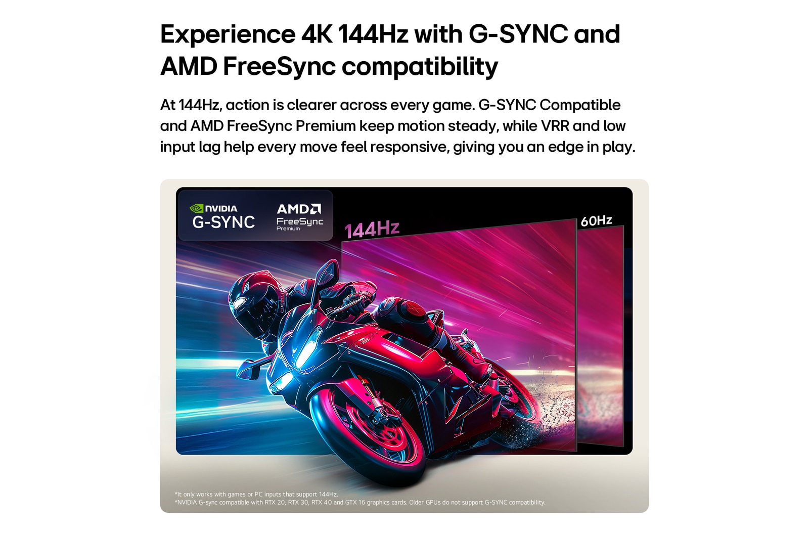 LG OLED AI B6 compare 144Hz à 60Hz dans un jeu de course de moto, affichant le panneau 144Hz comme ultra-lisse et sans déchirure. Les logos NVIDIA G-SYNC et AMD FreeSync Premium apparaissent en haut à gauche.