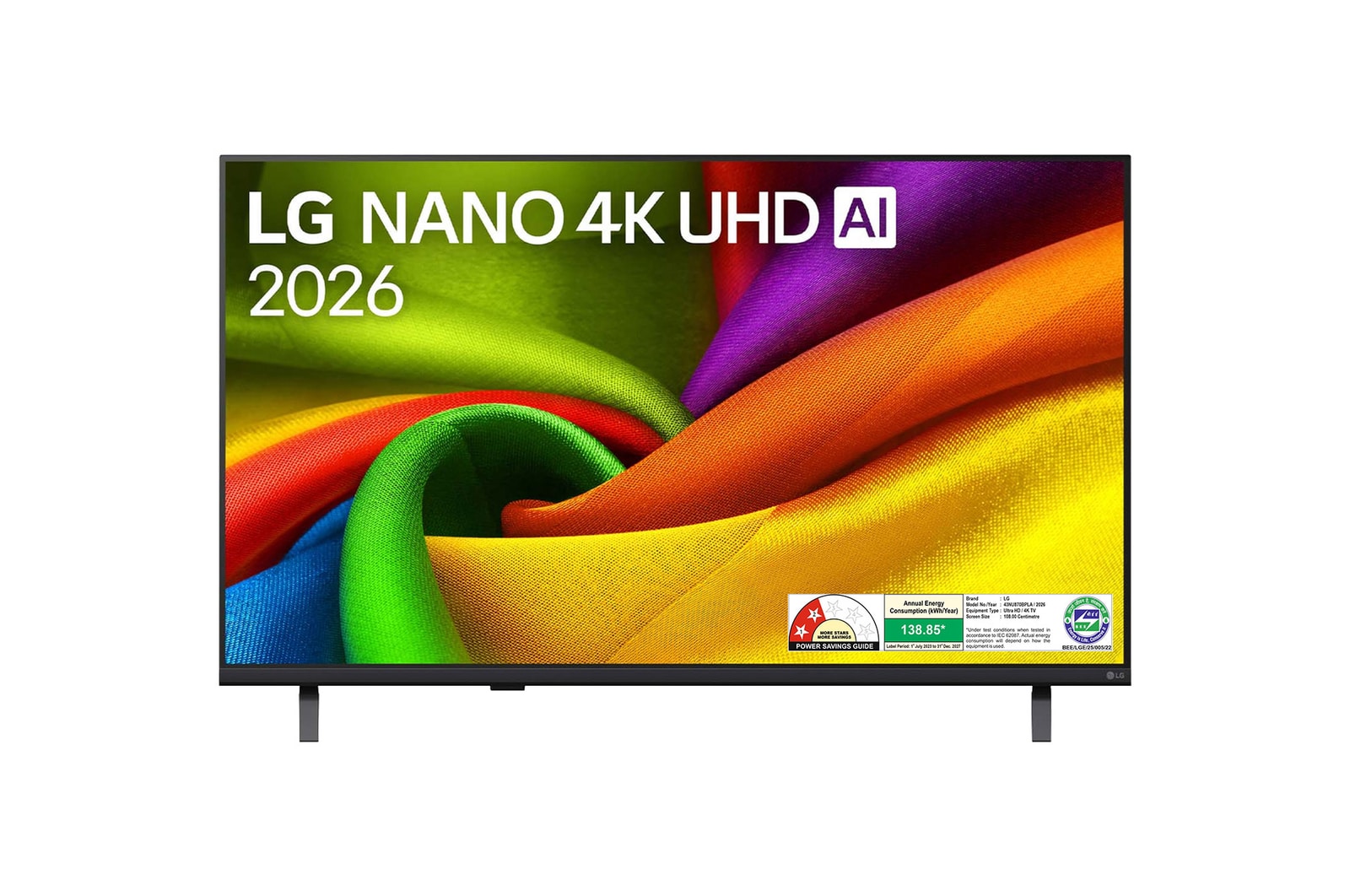 The front view of LG NANO 4K UHD AI NU87, released in 2026, fills the screen with smooth, flowing layers of vividly colored, fabric-like textures, as curved multicolored folds spread across the display.