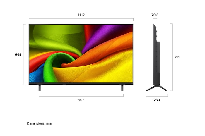 LG NANO 4K UHD AI NU85 shown in front and side views highlights a 50-inch display with a 1112 mm-wide screen, 649 mm screen height, 711 mm height with stand, a 70.8 mm profile depth, and a stand footprint measuring 902 by 230 mm.
