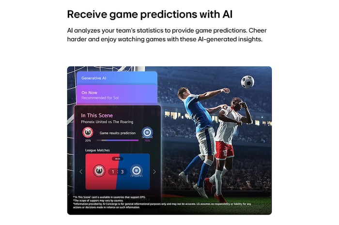 LG NANO 4K UHD AI NU85 Sports Forecast by AI Concierge displays a live soccer match with an on-screen AI panel presenting predictions, game insights, and league data, suggesting how AI analyzes gameplay to forecast match outcomes.