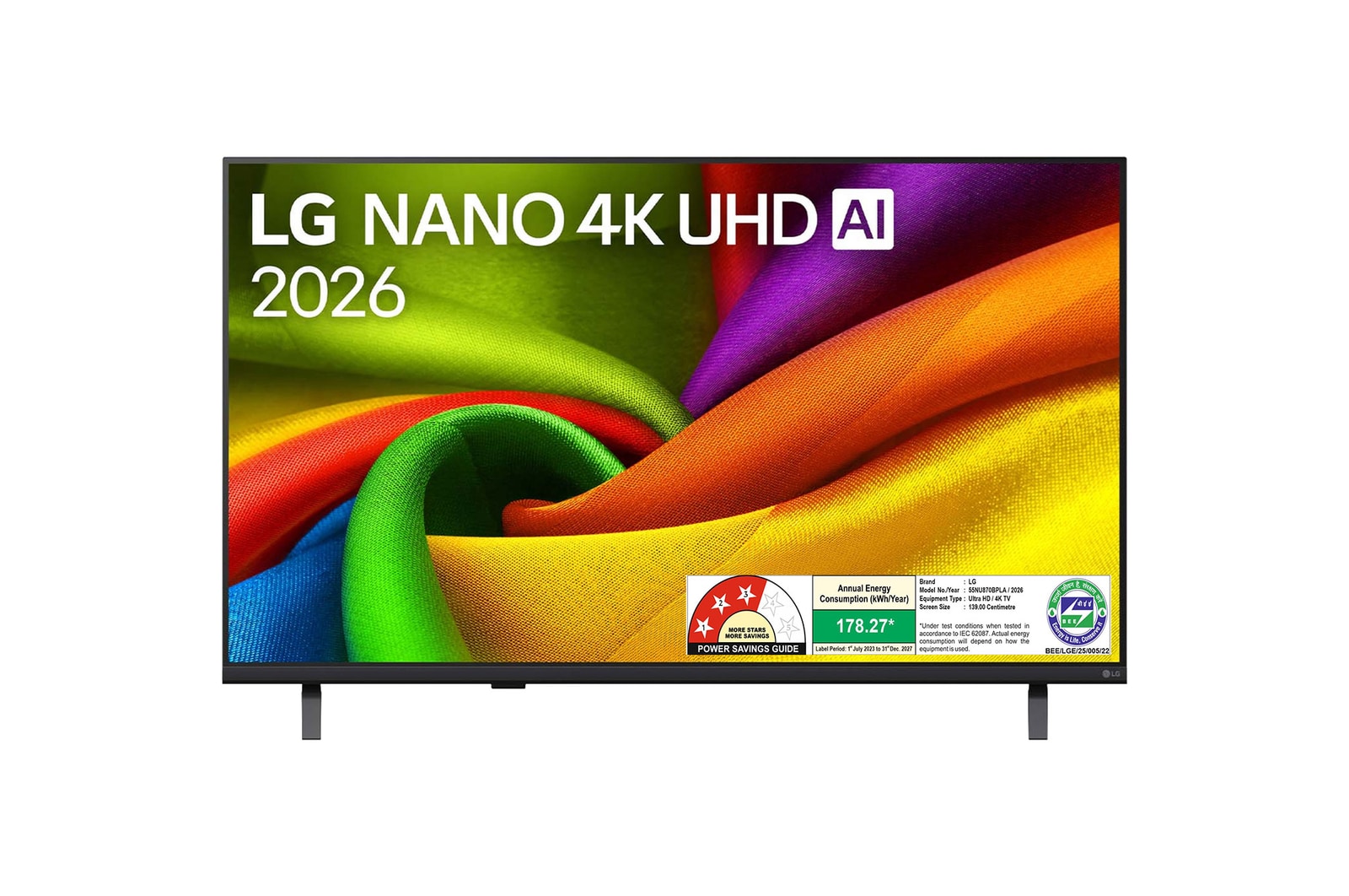 The front view of LG NANO 4K UHD AI NU87, released in 2026, fills the screen with smooth, flowing layers of vividly colored, fabric-like textures, as curved multicolored folds spread across the display.