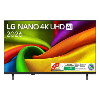 The front view of LG NANO 4K UHD AI NU87, released in 2026, fills the screen with smooth, flowing layers of vividly colored, fabric-like textures, as curved multicolored folds spread across the display.
