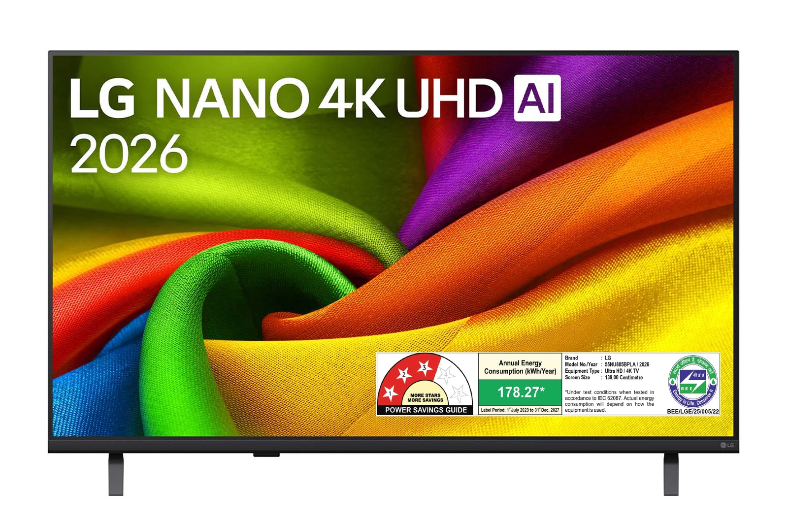The front view of LG NANO 4K UHD AI NU885B, released in 2026, fills the screen with smooth, flowing layers of vividly colored, fabric-like textures, as curved multicolored folds spread across the display.