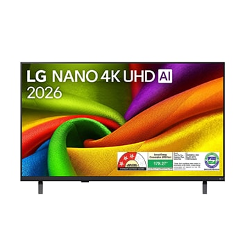 The front view of LG NANO 4K UHD AI NU885B, released in 2026, fills the screen with smooth, flowing layers of vividly colored, fabric-like textures, as curved multicolored folds spread across the display.