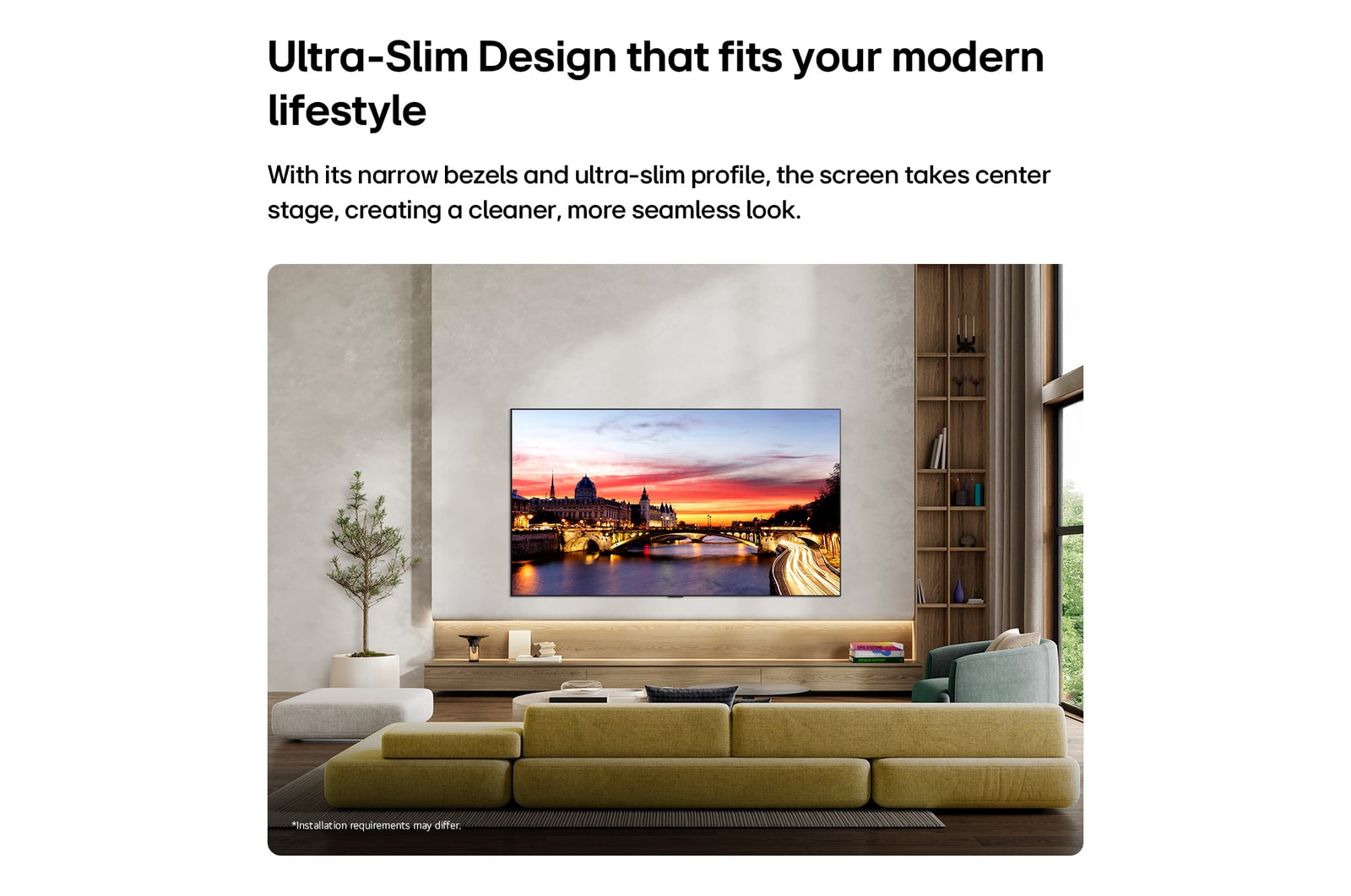 LG OLED evo AI C6 is wall-mounted in a styled living space, featuring an ultra-slim design with narrow bezels, and it displays a riverside cityscape at sunset on screen.