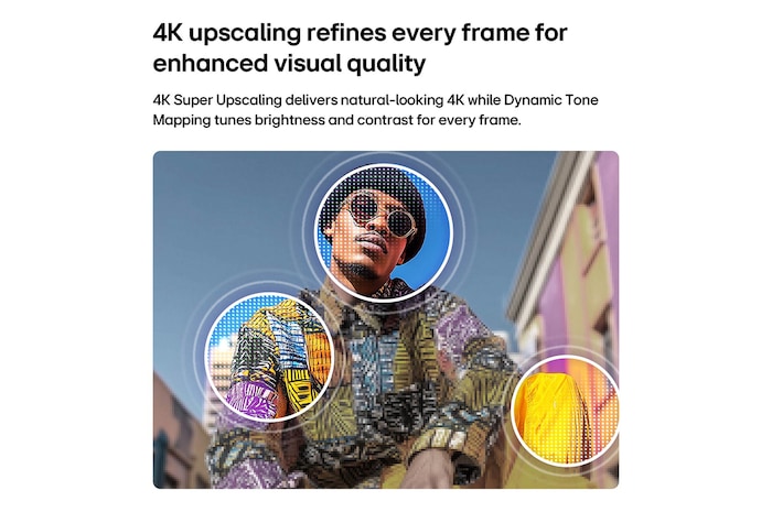 LG QNED AI QNED65 Mini LED with 4K Super Upscaling and Dynamic Tone Mapping shows a low-angle outdoor scene of a man between colorful buildings, as AI recognizes the scene and upscales each frame to 4K resolution.