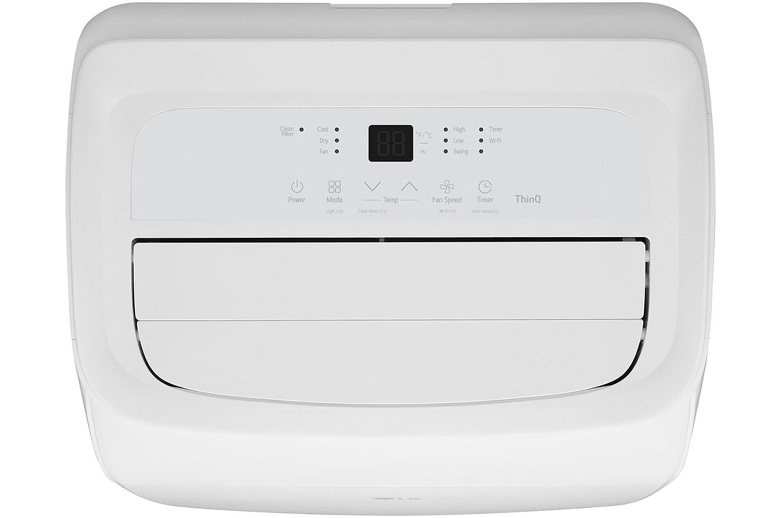 'Top control panel and display of LG 9,000 BTU portable air conditioner P9NC09TSED0