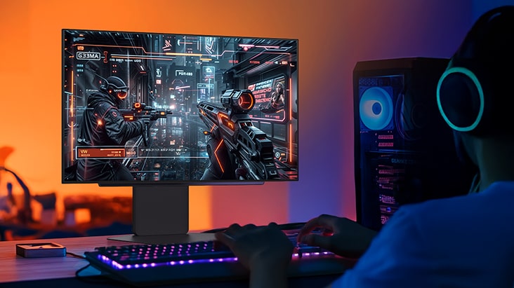 Een gamer met een koptelefoon, een oplichtend RGB-toetsenbord en een gaming-pc naast hem, speelt een FPS-game. Op een LG UltraGear-monitor zien we futuristische soldaten die hun wapen richten in een door neon verlichte cyberpunkstad.