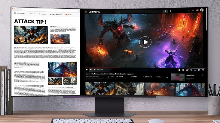 Een gebogen LG UltraGear-monitor laat multitasking op een gesplitst scherm zien, met links een webpagina met tips voor aanvallen en rechts een video van een fantasie-rollenspel waarin een tovenaar het opneemt tegen een gigantische demon.