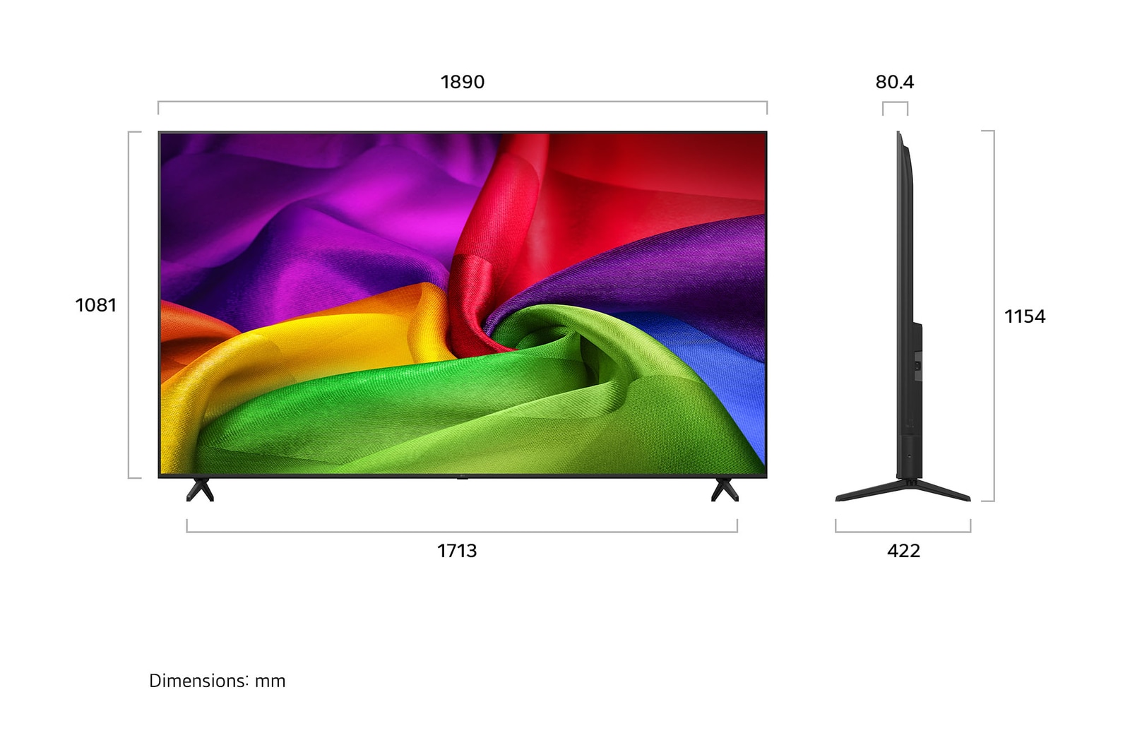 Een LG NANO 4K UHD AI NU80, gezien van de voorkant en van de zijkant, beschikt over een 85-inch scherm met een breedte van 1890 mm, een hoogte van 1081 mm, een hoogte van 1154 mm met voet, een profieldiepte van 80,4 mm en een afmeting van de voet van 1713 bij 422 mm.