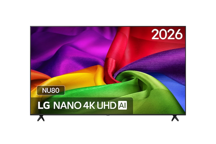 De voorkant van de LG NANO 4K UHD AI NU80, gelanceerd in 2026, vult het scherm met rijk gestructureerde, stofachtige kleurlagen, waarbij levendige veelkleurige plooien vloeiend over het scherm lopen.