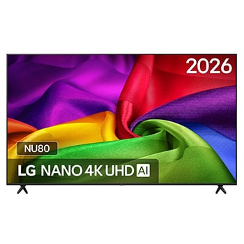 De voorkant van de LG NANO 4K UHD AI NU80, gelanceerd in 2026, vult het scherm met rijk gestructureerde, stofachtige kleurlagen, waarbij levendige veelkleurige plooien vloeiend over het scherm lopen.