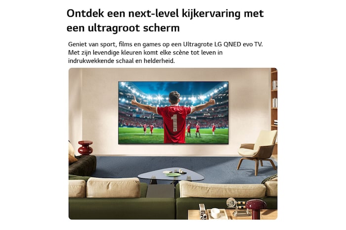 Een LG NANO 4K UHD AI NU80 ultragroot tv-scherm is aan de muur bevestigd in een kamer en toont een voetballer die zijn doelpunt viert in het midden van een stadion onder felle arena-verlichting, waarbij de nadruk ligt op levendige kleuren, helderheid en een meeslepende schaal.