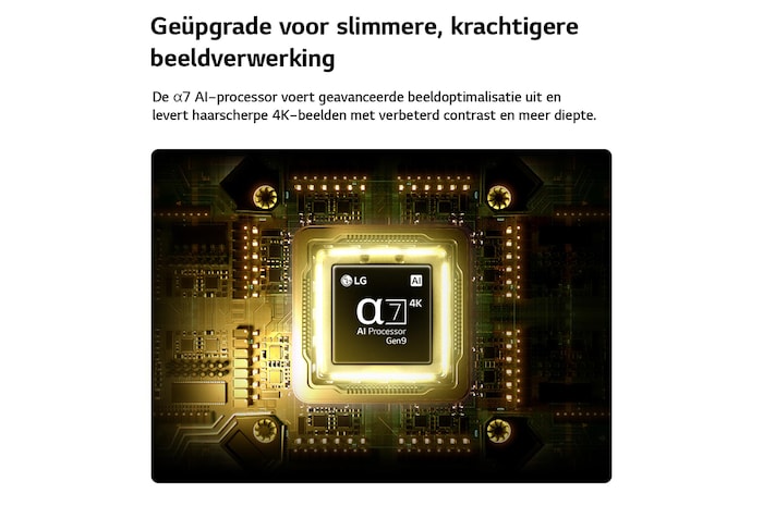 Een Alpha 7 AI Processor 4K Gen9 van de LG NANO 4K UHD AI NU80 straalt in het midden van een gele printplaat en benadrukt de slimmere, krachtigere AI-verwerking die de helderheid van 4K-beelden verbetert met een beter contrast en meer diepte.