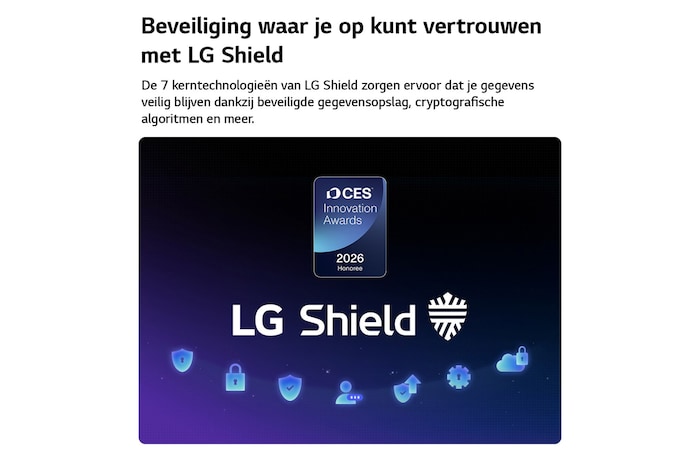 LG Shield, toegepast op LG NANO 4K UHD AI NU80, wordt weergegeven met een LG Shield-logo in het midden, beveiligingspictogrammen onderaan en bovenaan een CES Innovation Awards 2026-badge met eervolle vermelding, die staat voor gegevens- en systeembescherming.