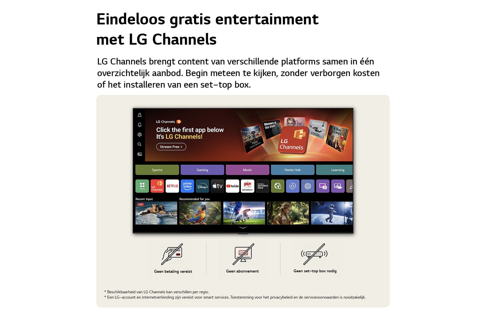 Het startscherm van de LG NANO 4K UHD AI NU80 navigeert naar de LG Channels-interface, waar gratis live tv-zenders, films en exclusieve content worden getoond. Het benadrukt de directe toegang tot honderden entertainmentopties zonder te betalen, zonder abonnement en zonder dat er een set-top box nodig is.