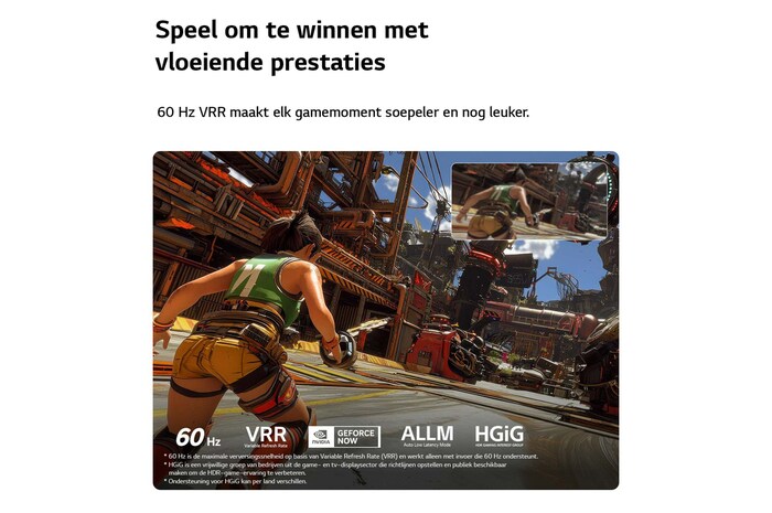 Een LG NANO 4K UHD AI NU80 voor ultieme gameplay toont een snel actiespel met een vergelijkingsinzet die de vloeiendere bewegingen benadrukt, terwijl het 60 Hz, VRR, ALLM, HGiG en GeForce NOW ondersteunt.