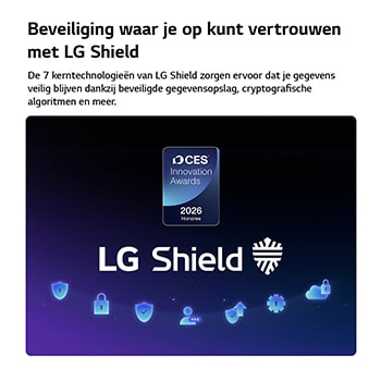 LG Shield, toegepast op LG NANO 4K UHD AI NU80, wordt weergegeven met een LG Shield-logo in het midden, beveiligingspictogrammen onderaan en bovenaan een CES Innovation Awards 2026-badge met eervolle vermelding, die staat voor gegevens- en systeembescherming.