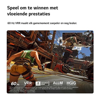 Een LG NANO 4K UHD AI NU80 voor ultieme gameplay toont een snel actiespel met een vergelijkingsinzet die de vloeiendere bewegingen benadrukt, terwijl het 60 Hz, VRR, ALLM, HGiG en GeForce NOW ondersteunt.