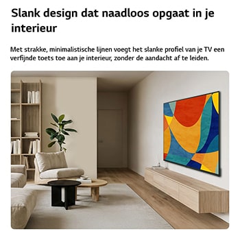 Een LG NANO 4K UHD AI NU80 met een slank ontwerp is aan de muur bevestigd in een lichte, open woonruimte. Het strakke profiel past naadloos in het interieur en toont levendige, veelkleurige abstracte vormen op het scherm.