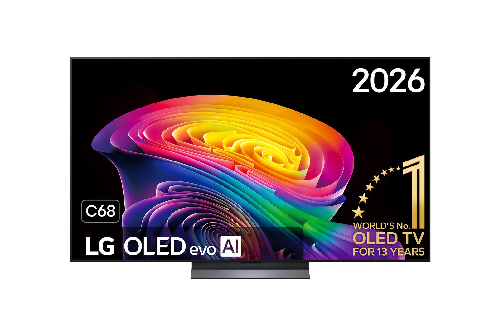 De voorkant van de LG OLED evo AI C6, gelanceerd in 2026, heeft een slanke zwarte rand met een levendige, gebeeldhouwde werveling van gelaagde regenboogtinten die over het scherm vloeien.