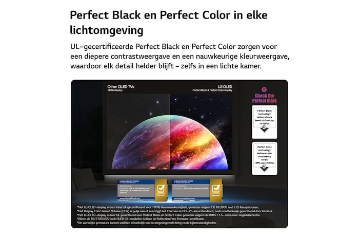 Een LG OLED AI B6 is aan de muur bevestigd in een stijlvolle woonruimte en heeft een ultraslank ontwerp met smalle randen. Op het scherm wordt een regenboogkleurig landschap met gelaagde bergvormen weergegeven.