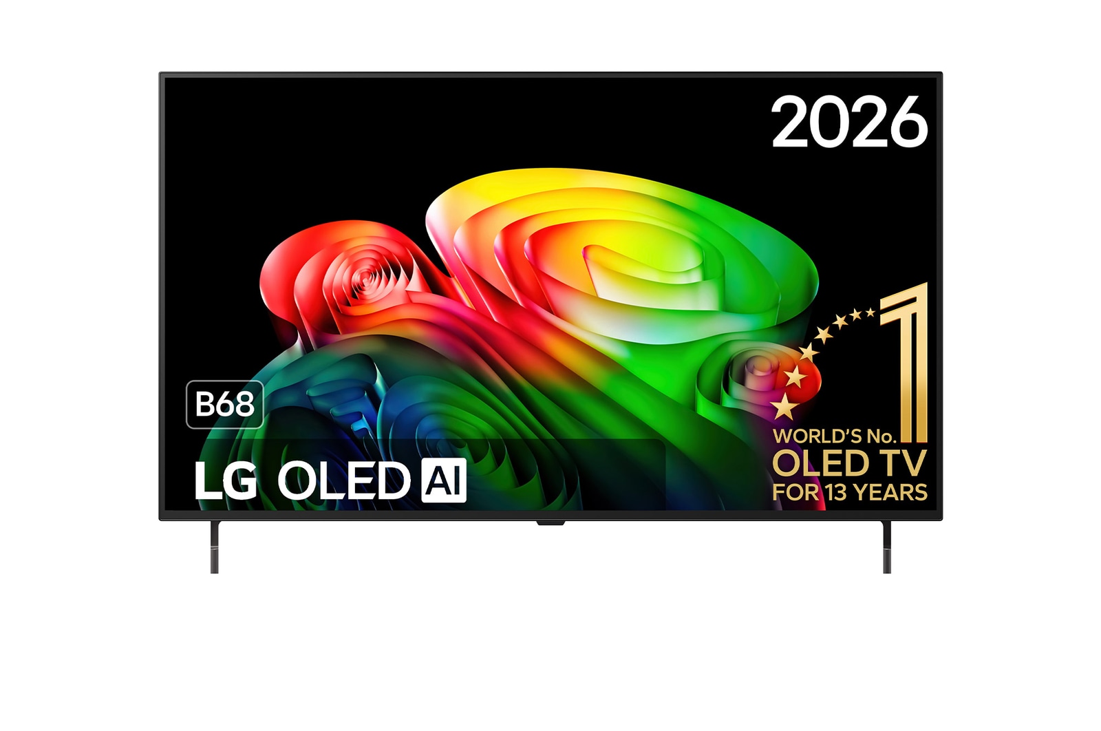 De voorkant van de LG OLED AI B6, gelanceerd in 2026, toont een afbeelding van gelaagde, veelkleurige vormen, met perfect zwart en perfecte kleuren, samen met het embleem ‘World's No. 1 OLED TV for 13 Years’.