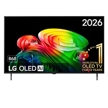 De voorkant van de LG OLED AI B6, gelanceerd in 2026, toont een afbeelding van gelaagde, veelkleurige vormen, met perfect zwart en perfecte kleuren, samen met het embleem ‘World's No. 1 OLED TV for 13 Years’.