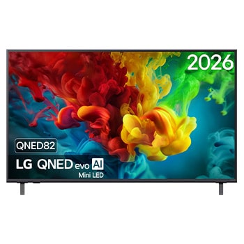 Het vooraanzicht van de LG QNED evo AI QNED82 Mini LED, uitgebracht in 2026, vult het scherm met levendige, vloeiende uitbarstingen van veelkleurige, verfachtige bewegingen, terwijl rijk gelaagde wolken van kleur zich vloeiend over het scherm verspreiden.