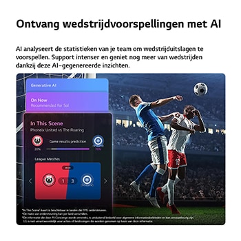 Een LG QNED evo AI QNED82 Mini LED Sports Forecast van AI Concierge toont een live voetbalwedstrijd met een AI-paneel op het scherm dat voorspellingen, wedstrijdinformatie en competitiegegevens weergeeft, en laat zien hoe AI het spel analyseert om de uitslag van wedstrijden te voorspellen.