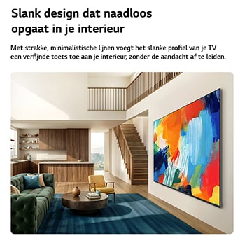 Een LG QNED evo AI QNED82 Mini LED met een slank ontwerp is aan de muur bevestigd in een lichte, open woonruimte. Het strakke profiel past naadloos in het interieur terwijl een opvallend, kleurrijk abstract kunstwerk wordt weergegeven.