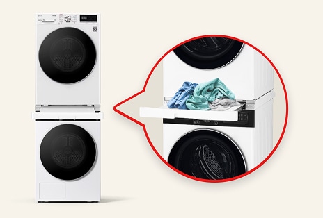 Left shows white LG washer and dryer stacked, a red circle marks the drawer kit between them; right shows a close-up with laundry placed on top.