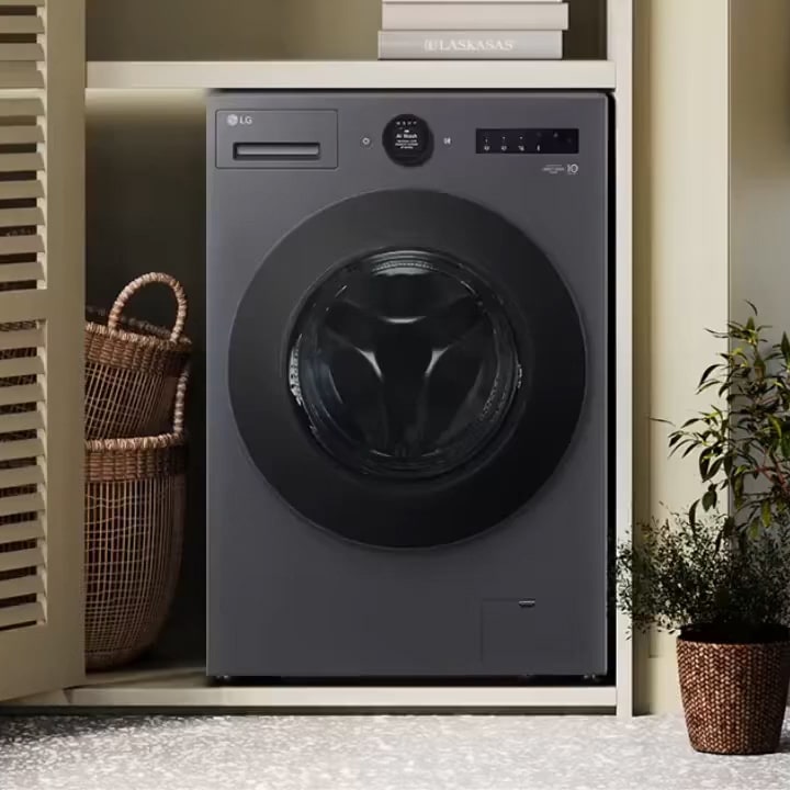 LG front load Washing Machine installed inside a beige cupboard on the left, with a plant placed on the right.