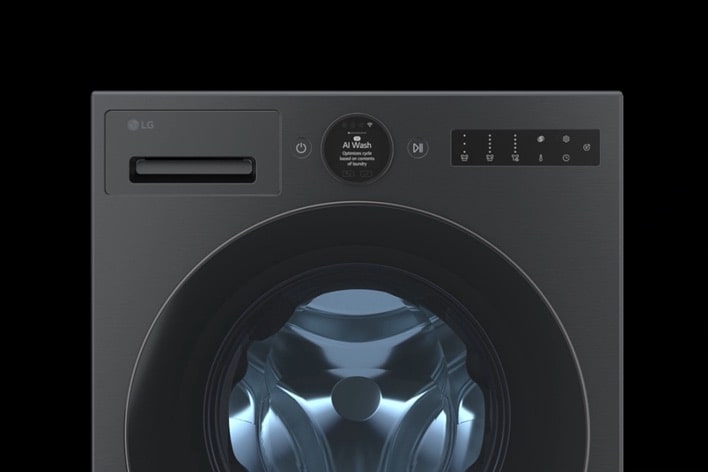 Close-up of an LG Washing Machines door and control panel glowing, highlighting premium feature selection