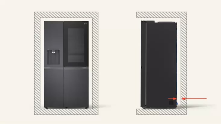 LG Fridge Freezer with measurement arrows showing clearance space required on sides and back for installation. LG Fridge Freezer with measurement arrows showing clearance space required on sides and back for installation.