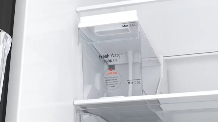LG Fridge Freezer internal water tank with fill level indicators for fresh water supply. LG Fridge Freezer internal water tank with fill level indicators for fresh water supply.