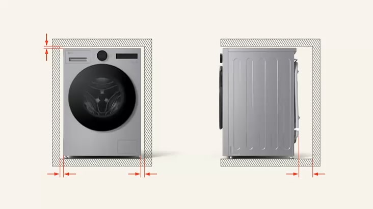 Clearance diagram for an all-in-one washer-dryer highlighting 2 cm side gaps and 10 cm rear space for airflow. Clearance diagram for an all-in-one washer-dryer highlighting 2 cm side gaps and 10 cm rear space for airflow.