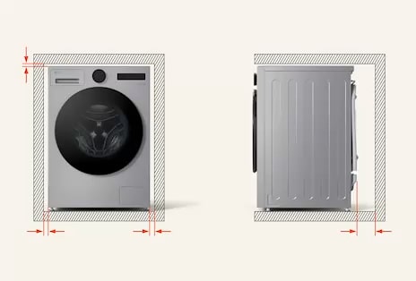 LG front load washers with clearance space guide showing correct side and door spacing for safe installation.