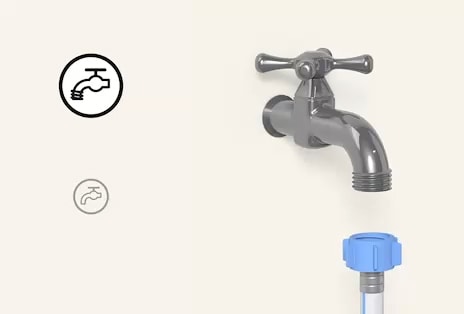 Close up of a water tap with a blue connector, showing compatibility for an LG Washing Machine water supply hose.
