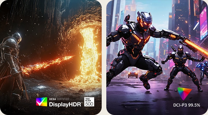 Spelbilder sida vid sida visar LG UltraGear™-skärmprestanda, där vänster sida visar en fantasy-krigare i en grotta under glödande lava som lyfter fram VESA DisplayHDR True Black 500, och höger sida visar futuristiska soldater med energisvärd i en neonstad som visar DCI-P3 99,5 % färgtäckning.