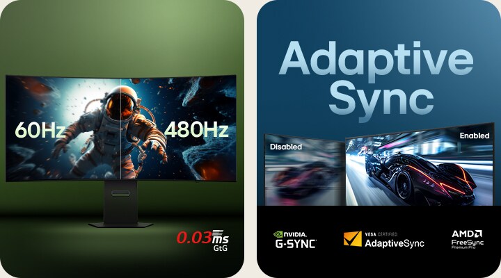 Bilder sida vid sida lyfter fram LG UltraGear™-spelprestanda, där vänster sida visar en jämförelse av böjda bildskärmar med 60 Hz och 480 Hz uppdateringsfrekvens och 0,03 ms svarstid under en rymdscen, och höger sida visar Adaptive Sync aktiverad jämfört med inaktiverad i ett futuristiskt racingspel med NVIDIA G-SYNC, VESA AdaptiveSync och AMD FreeSync™ Premium Pro-logotyper.