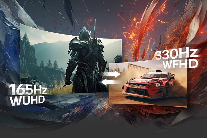 En LG UltraGear™-skärm illustrerar Dual Mode-prestanda och visar en fantasy-krigarscen med 165 Hz WUHD-upplösning till vänster och en rallyracerbil med 330 Hz WFHD-upplösning till höger, vilket betonar flexibla uppdateringsfrekvenser och upplösningsalternativ.