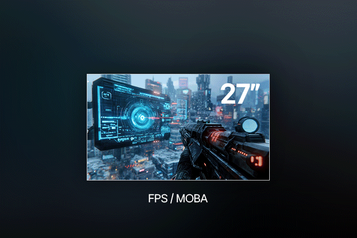 En animation som lyfter fram en 27-tums LG UltraGear™-skärm för FPS- och MOBA-spel. Den visar en futuristisk scen i ett förstapersonsskjutarspel med ett gevär riktat mot en holografisk skärm över ett cyberpunkstadslandskap.