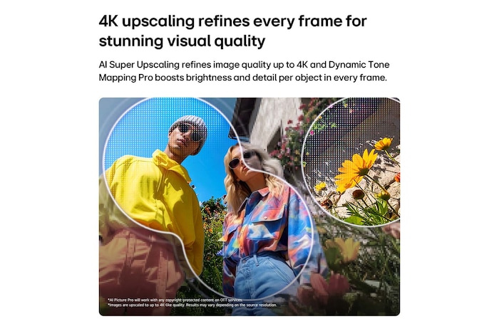 LG QNED evo AI QNED82 Mini LED med AI Picture Pro och Dynamic Tone Mapping Pro visar en utomhusscen i låg vinkel med två personer bland färgstarka blommor, medan AI känner igen och skalar upp varje bildruta till 4K för tydligare textur och detaljer.