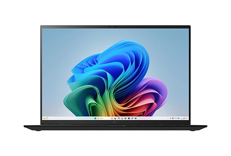 Front image of laptop with Copilot+ Bloom wallpaper