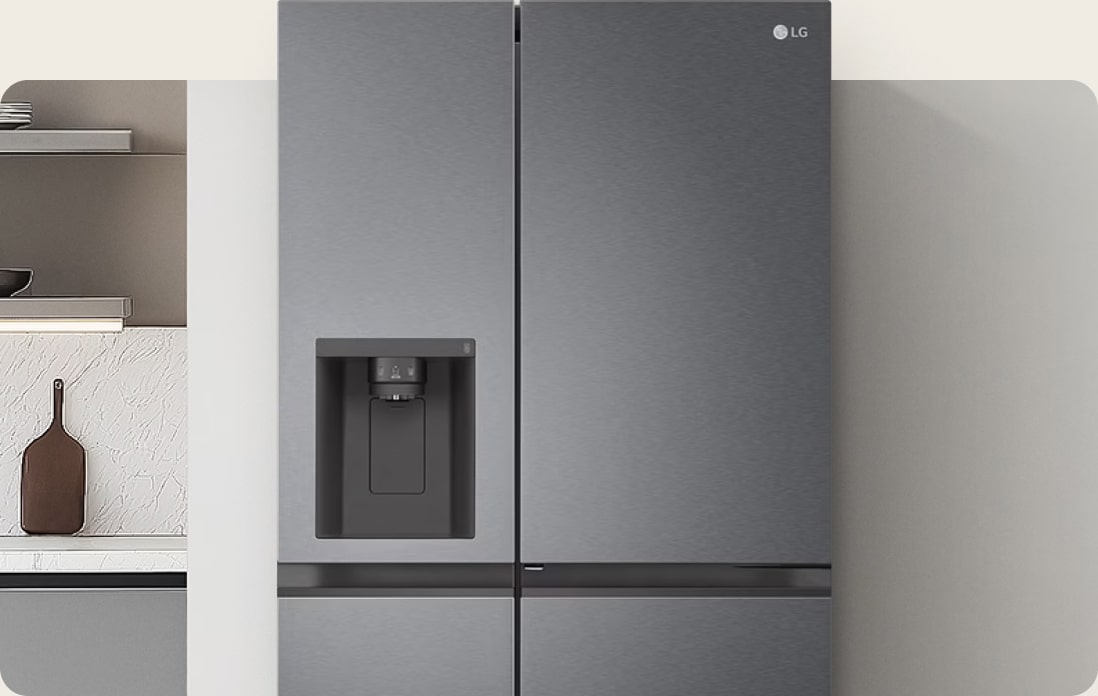 Close-up of an LG American-style fridge freezer in a dark graphite finish, seamlessly integrated into a contemporary kitchen with neutral tones, highlighting a sleek water and ice dispenser.