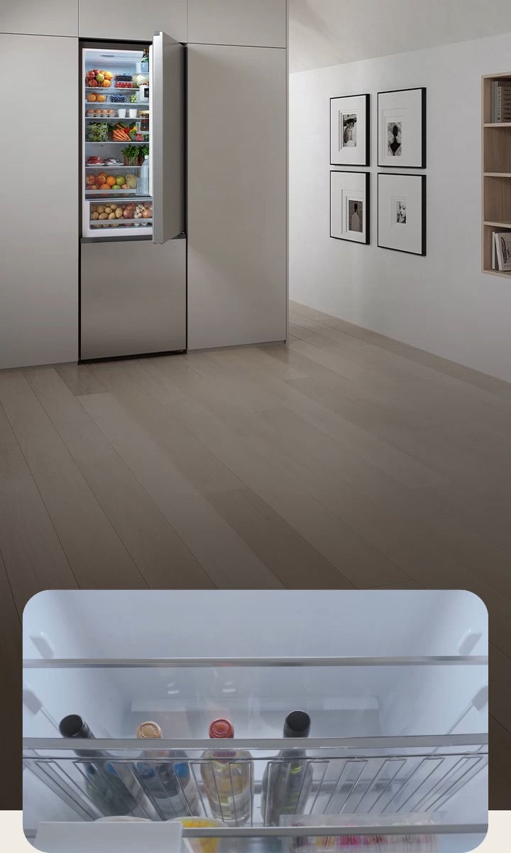 LG Fit & Max Fridge Freezer storage solutions including a wine rack, My Box, retractable shelf, and flexible door storage.