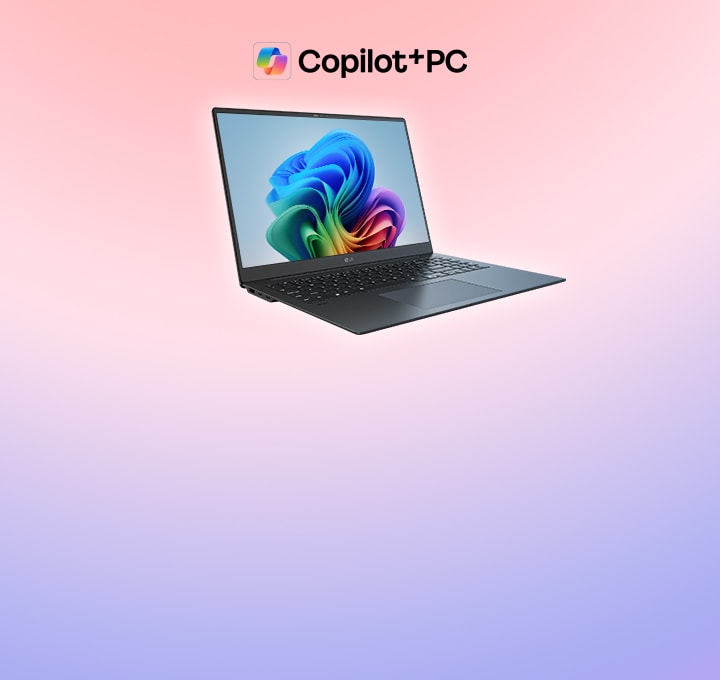 This image shows a laptop displaying the Windows 11 wallpaper, accompanied by the 'Copilot+ PC' logo on the right. The overall layout highlights the device's AI-enhanced Windows experience.